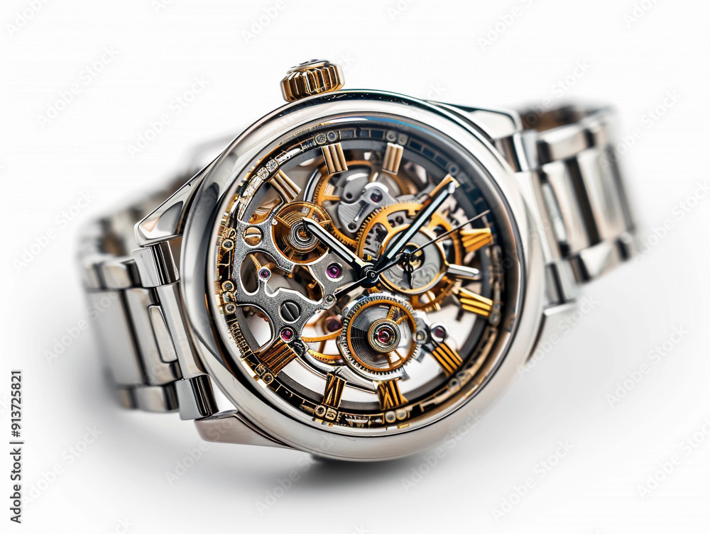 Poster intricate mechanical watch displayed on a polished surface with detailed gears and components in ele