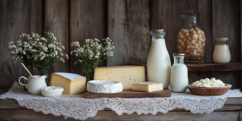 Farm Fresh Dairy Products - Milk, Cheese, Yogurt on Rustic Table | Nutritious and Delicious Dairy Spread