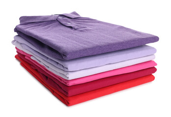 Stack of clean colorful t-shirts isolated on white