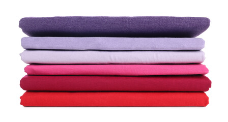 Stack of clean colorful t-shirts isolated on white