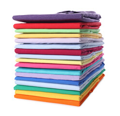 Stack of clean colorful t-shirts isolated on white