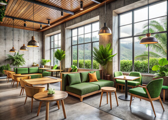 Fototapeta premium Cozy tropical cafe interior features rows of chairs and tables, a green sofa, and a panoramic window, set against a grey concrete floor and wooden accents.