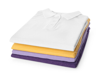 Stack of clean colorful t-shirts isolated on white