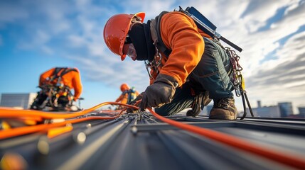 A team of specialists carefully mounting a lightning rod on the rooftop of a commercial building, with one expert attaching the rod while another secures grounding wires, 