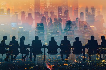 silhouettes of people sitting at a table in front of a cityscape