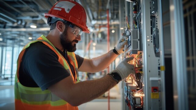 Specialists working together to install a complete lightning protection system, including the placement of surge protectors and bonding conductors, 