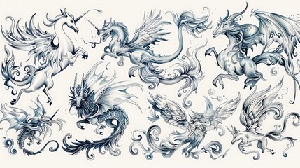 Embrace hand-drawn doodles of mythical creatures, depicting dragons, unicorns, and fairies with whimsical details and magical charm