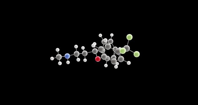 Fluoxetine molecule, rotating 3D model of antidepressant, looped video on a black background