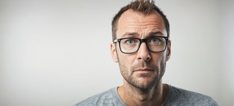 Man glasses looking up camera featured pexels receding Surprised