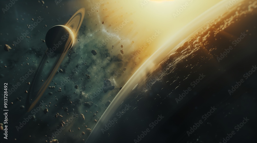 Aufkleber expansive view of celestial bodies and asteroids in deep space at dusk