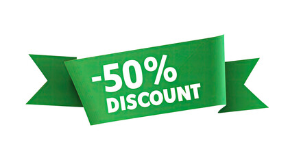 inscription '50 - Discount' green angular ribbon shopping label sale special offer