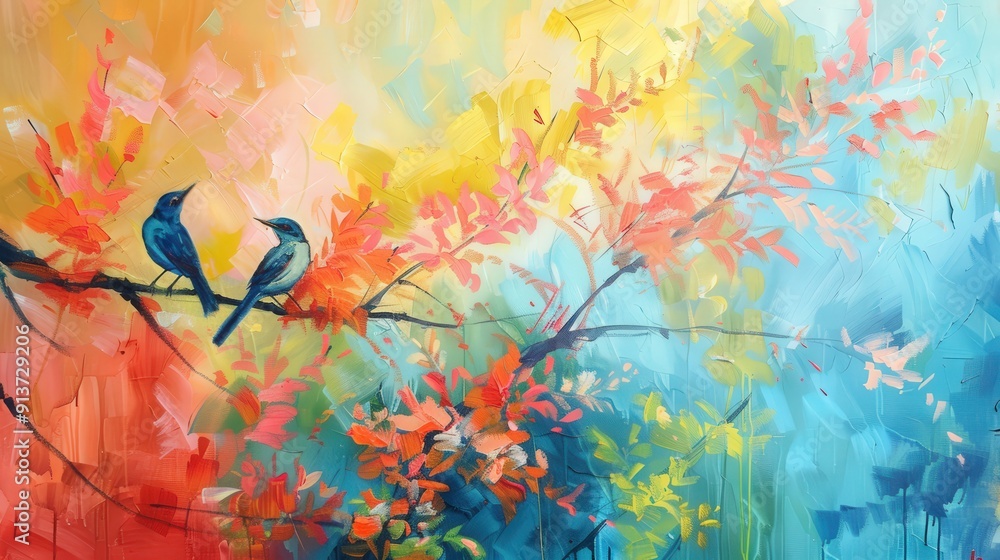 Poster essence of spring with abstract art that captures nature's vibrant colors and textures.