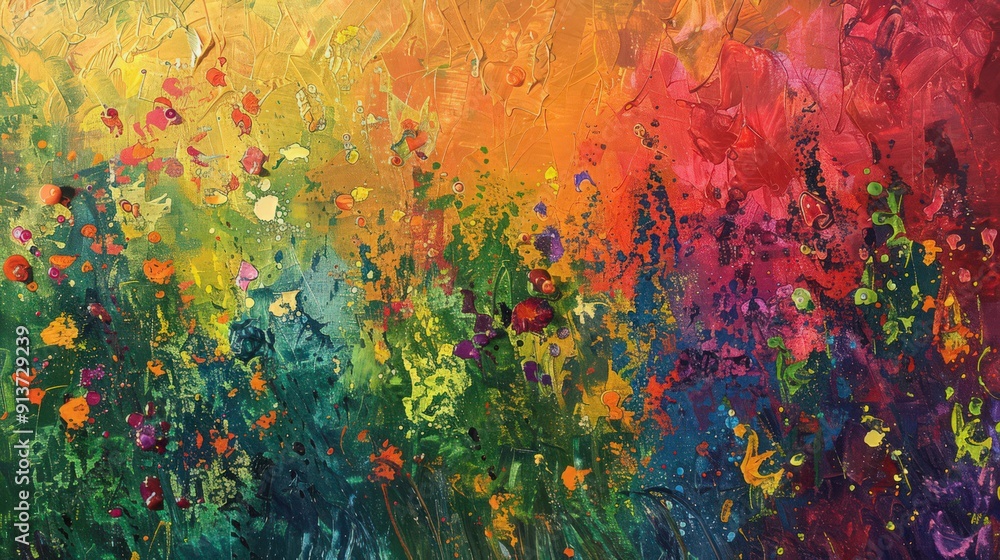Poster essence of spring with abstract art that captures nature's vibrant colors and textures.