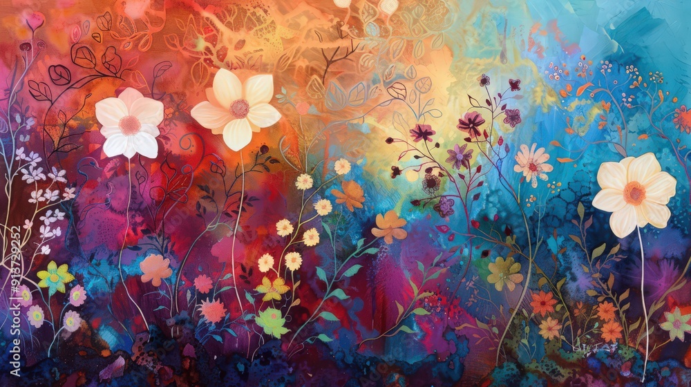 Poster essence of spring with abstract art that captures nature's vibrant colors and textures.
