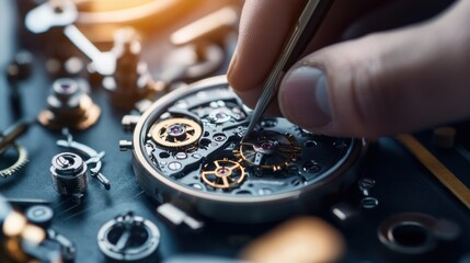 An elegant Swiss watchmaker working meticulously on a high-end timepiece in a well-lit, modern workshop. The craftsman, dressed in a tailored suit, uses fine tools to adjust the intricate gears of a