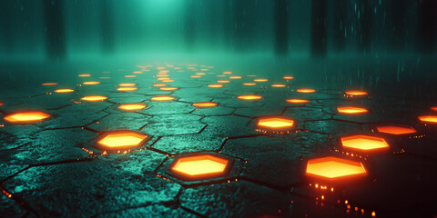 Hexagonal geometric shapes glowing on a dark blue background, reflecting a technology concept