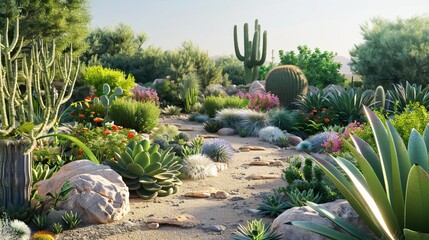 A lush backyard with a variety of succulents and a desert-style landscape,