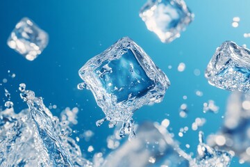 Obraz premium Ice cubes float with splashes of water, creating a dramatic and fresh effect. The bright blue background provides a striking contrast, adding a dynamic and refreshing feel