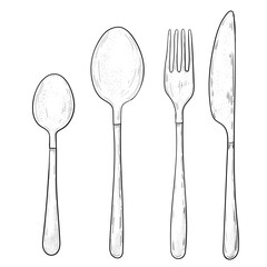Sketch Line Art Fork, Knife, and Spoon. cutlery set sketch