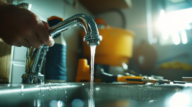 A frustrated homeowner attempting to fix a leaky faucet, with water dripping from the faucet and tools scattered around the sink. The homeowner is shown with a perplexed expression, wearing casual