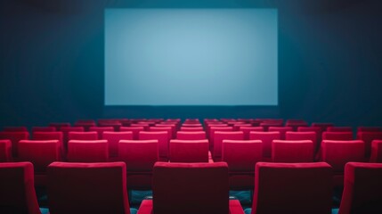 Obraz premium An empty movie theater with red seats and a large screen, ready for the next show. The setting is dimly lit, creating a cinematic ambiance.
