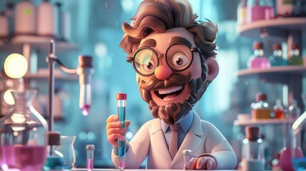 Engaging 3D clipart of a scientist with a test tube, featured in a cutting-edge lab environment with a white backdrop, reflecting professionalism and scientific excellence