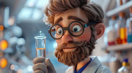 Detailed 3D clipart of a scientist holding a test tube, set in a modern and bright laboratory with a white backdrop, showcasing a knowledgeable and focused scientific persona