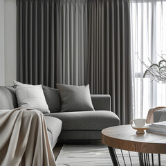 Capturing the unique blend of functionality and style in a living room adorned with dimout curtains and minimalist scandinavian furniture. 