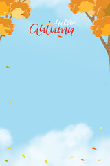 Sky Blue,Cloud Background,Autumn Trees with Fluffy cloudy and sunlight,Vertical Nature Landscape Scene for Thanksgiving Advertising,Vector Template Platform banner for Fall Product Sale,Promotion