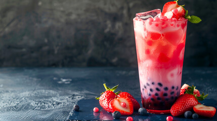 Strawberry fruit bubble boba tea banner with copy space. Strawberry fruit bubble tea. Strawberry fruit bubble boba tea with strawberries