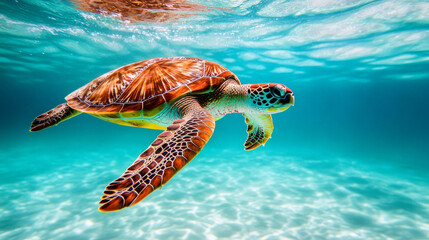 Fototapeta premium A green turtle swims in the clear blue waters off the coast of Jupiter, Florida.