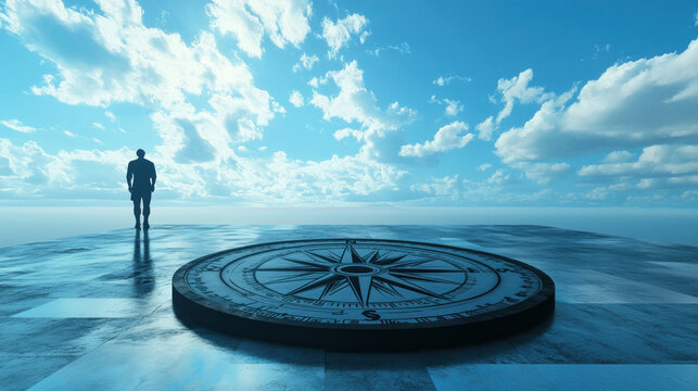 A huge compass on the floor. The background shows the sky and the Atlantic Ocean. Everything is an intense blue. There's a shadow of a man on the floor.