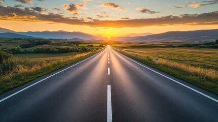 Fototapeta premium A scenic road stretches into the horizon at sunset, bordered by lush green fields and distant mountains under a vibrant sky.