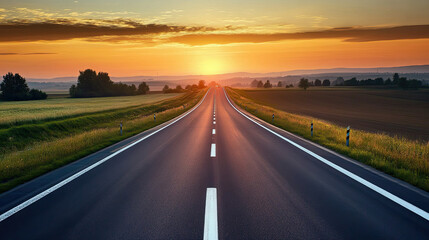 Fototapeta premium A serene sunset over an empty countryside road, surrounded by fields and trees, with a beautiful orange and pink skyline.