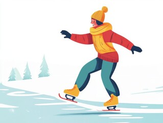 Obraz premium Illustration of a cartoon character ice skating on a frozen pond, colorful and clean lines, 2D style, white background, ample space for text