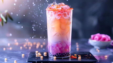 Strawberry fruit bubble boba tea banner with copy space. Strawberry fruit bubble tea. Strawberry fruit bubble boba tea with strawberries