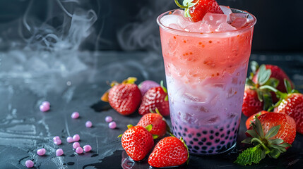 Strawberry fruit bubble boba tea banner with copy space. Strawberry fruit bubble tea. Strawberry fruit bubble boba tea with strawberries