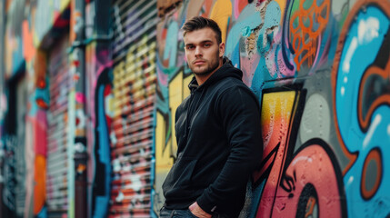 portrait of an attractive young Egyptian man in a black hoodie leaning against a colorful graffiti...