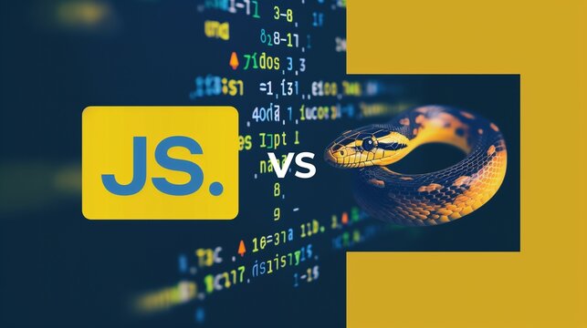 A visual comparison of Python and JavaScript, featuring a JavaScript logo and a Python snake image with code in the background.