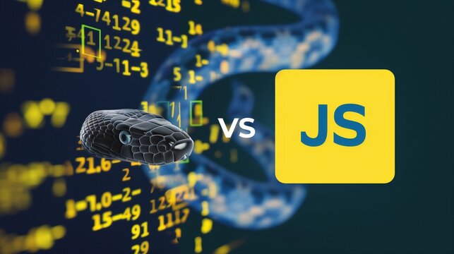 Python vs JavaScript. A visual comparison in software development. A Python snake, JavaScript logo and code snippets.