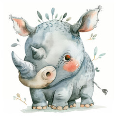Obraz premium Whimsical Watercolor Baby Rhino Illustration with Floral Elements and Soft Colors