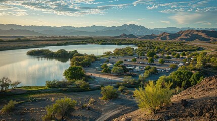 Obraz premium Scenic Vista of a Lake Surrounded by Mountains and Lush Greenery