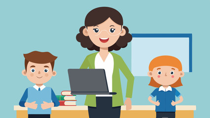 woman stands next to a boy in front of a laptop vector illustration