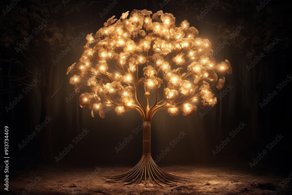 Aufkleber surreal depiction of a tree with illuminated bulbs in a dark, foggy forest setting