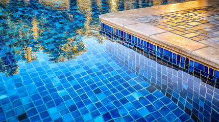 Obraz premium Blue tiles in a pool create a beautiful mosaic design, reflecting the clear water above.