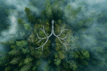 Forest trees in the shape of lungs in a meadow from a bird's-eye view