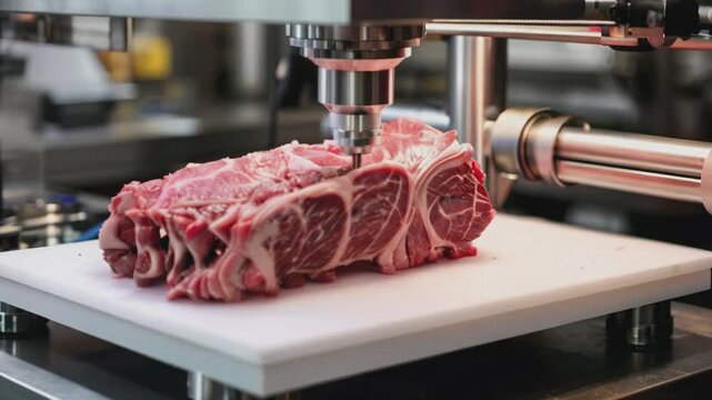 A piece of meat being 3D-printed on a futuristic printer. The image showcases advanced food technology, highlighting the potential for innovation in food production and sustainable practices