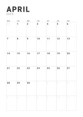 Template design of Monthly Calendar on April 2025. Vector layout grid of calendar with week start Monday. Page for size A4 -21x29.7 cm.