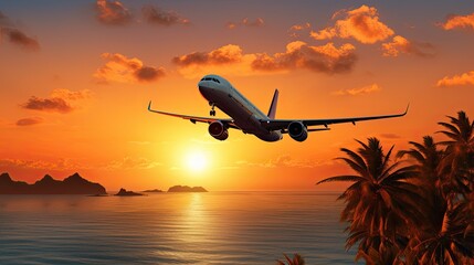Airplane flying over a stunning sunset backdrop with ocean islands and palm trees. Perfect for travel and vacation themed designs.
