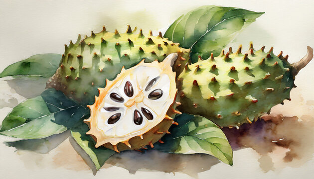 Watercolor of green soursop, delicious tropical graviola fruit, whole and sliced flesh. Summer vibe